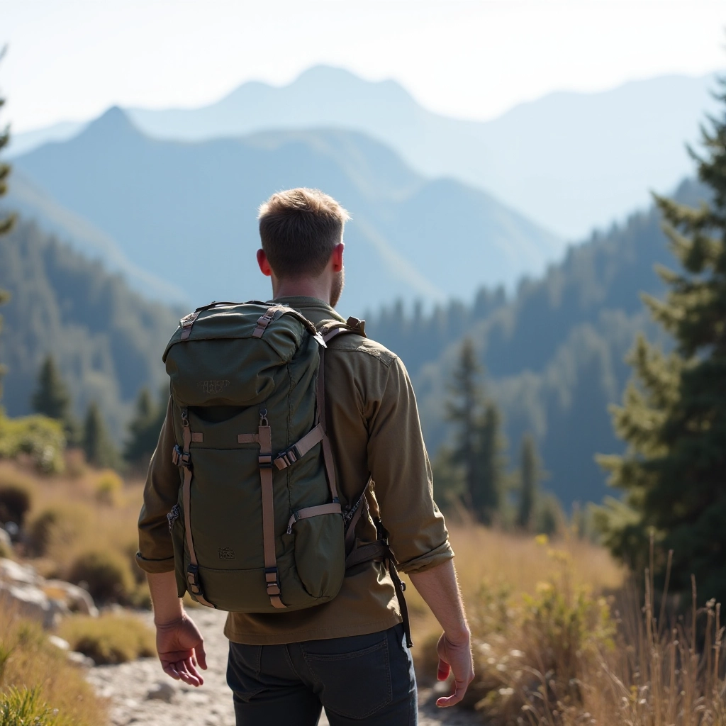 Hiker wearing Alpine Weekender 45L pack on mountain trail with alpine peaks in background during golden hour