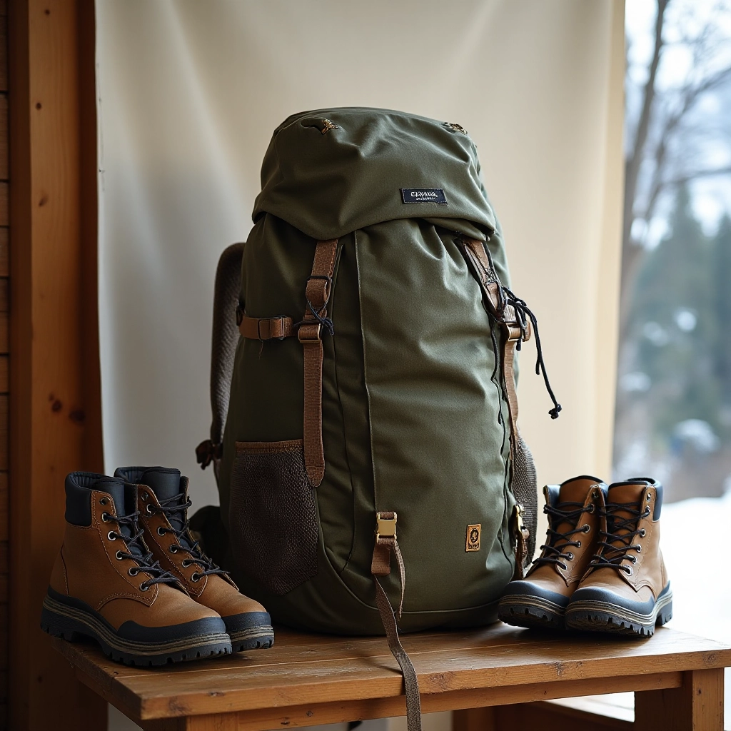 Ridge Alpine backpack packed and ready on a wooden bench with hiking boots and other outdoor gear arranged nearby