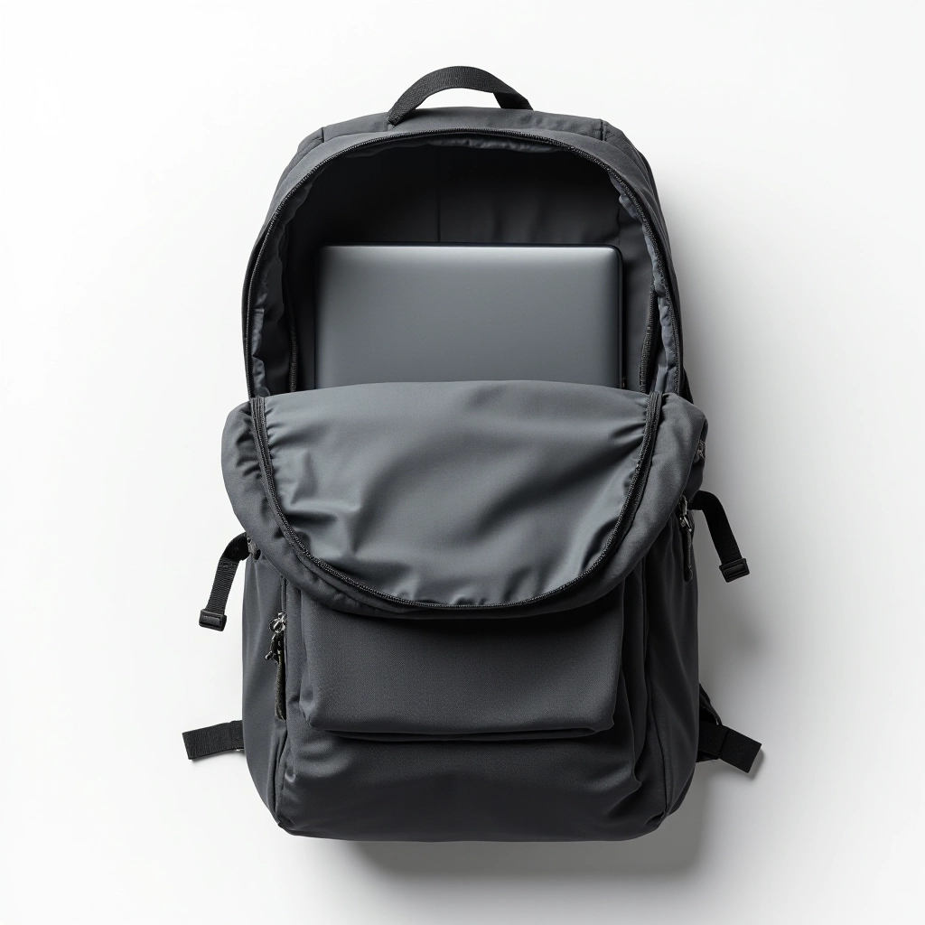Overhead view of Urban Commute daypack with organized compartments displayed, showing internal laptop sleeve and pocket layout