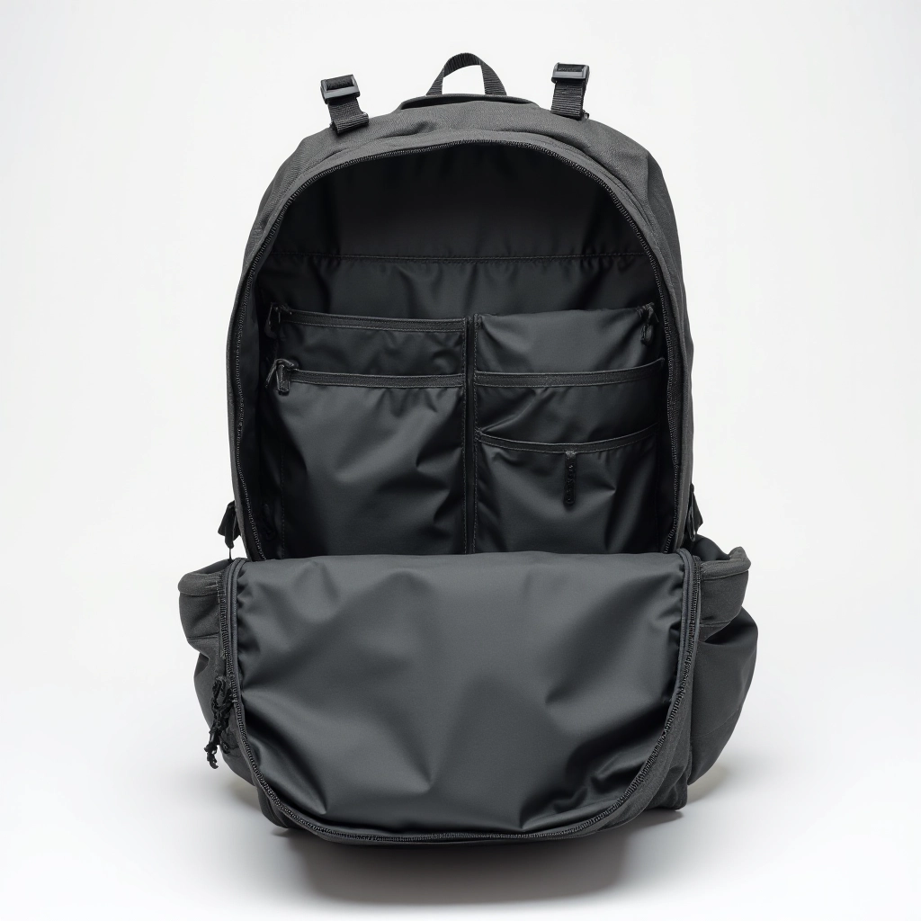 Detailed view of Alpine Weekender pack interior showing mesh pockets, padded electronics sleeve, and organizational compartments